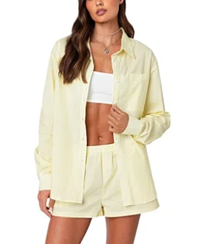 Edikted Oversized Pinstripe Button Up Shirt In Yellow