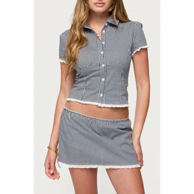 Edikted Paige Cotton Blend Gingham Button-up Shirt In Brown