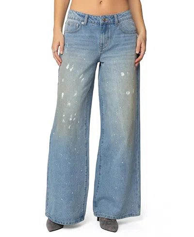 Edikted Paint Splatter Low Rise Jeans Light Rinse Wash In Light-blue