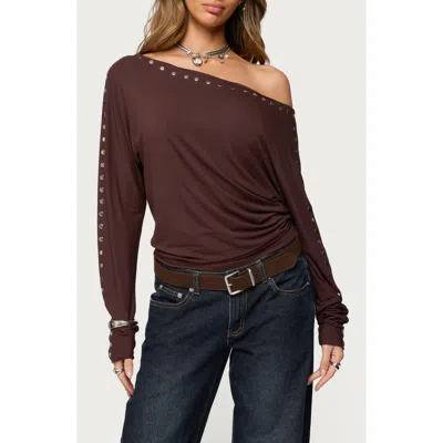 Edikted Paola Stud One-shoulder Top In Brown