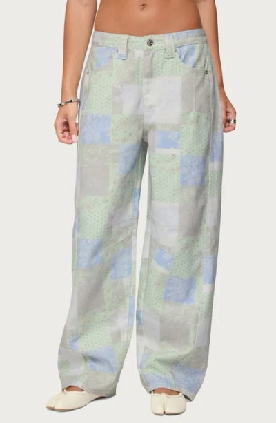 Edikted Patchwork Print Low Rise Wide Leg Jeans In Multi