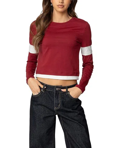 Edikted Paula Layered Look Long Sleeve Cotton T-shirt In Burgundy
