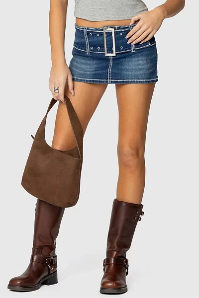 Edikted Payson Low Rise Belted Denim Miniskort In Blue