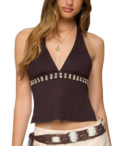 Edikted Pearlsy Button Backless Halter Top In Burgundy