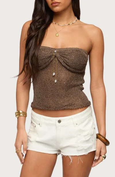 Edikted Pearly Charm Strapless Sequin Knit Top In Brown
