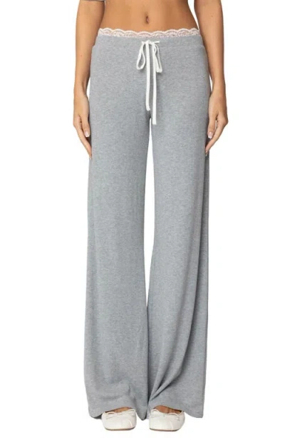 Edikted Peekaboo Lace Trim Knit Wide Leg Pants In Gray-melange