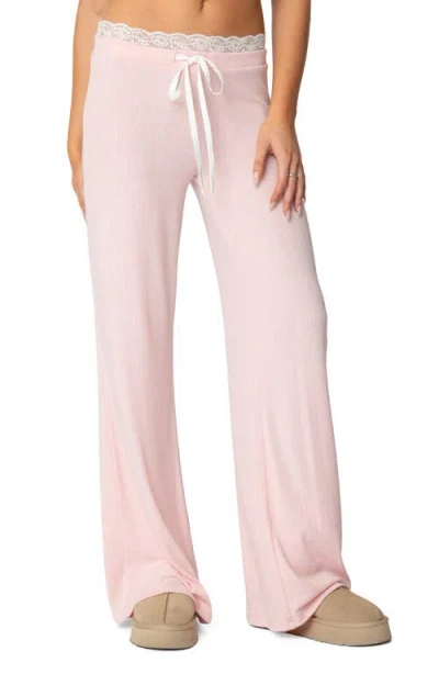 Edikted Peekaboo Lace Trim Knit Wide Leg Pants In Pink