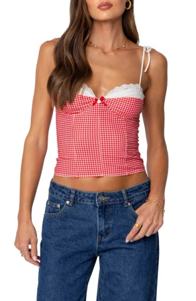 Edikted Peekaboo Lacy Gingham Corset Top In Red