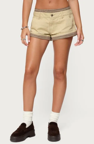 Edikted Peekaboo Plaid Boxer Detail Denim Shorts In Neutral