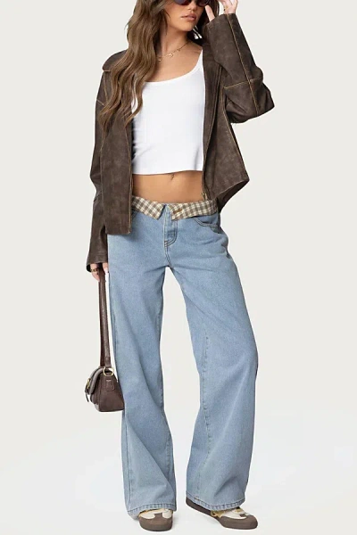 Edikted Peekaboo Plaid Low Rise Jeans In Light/blue, Women's At Urban Outfitters