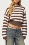 Edikted Penelope Fuzzy Stripe Crop Sweater In Brown