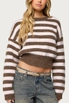Edikted Penelope Fuzzy Stripe Crop Sweater In Brown
