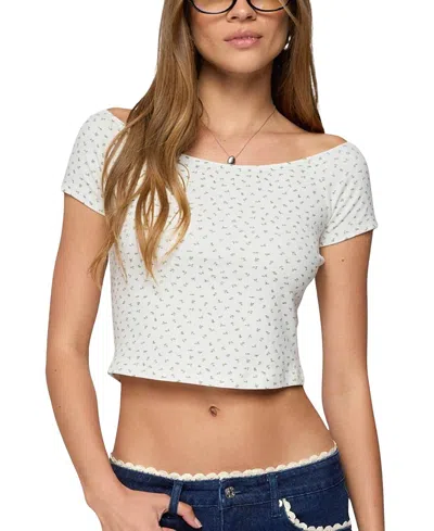 Edikted Perry Floral Boat Neck Top In White