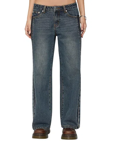 Edikted Petite Contrast Panel Low Rise Dark Rinse Wash Jeans In Blue