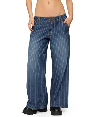 Edikted Petite Cory Striped Low Rise Dark Rinse Wash Jeans In Blue