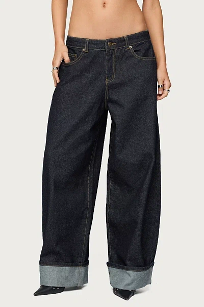 Edikted Petite Kella Low Rise Baggy Jeans In Indigo/blue/raw, Women's At Urban Outfitters In Black