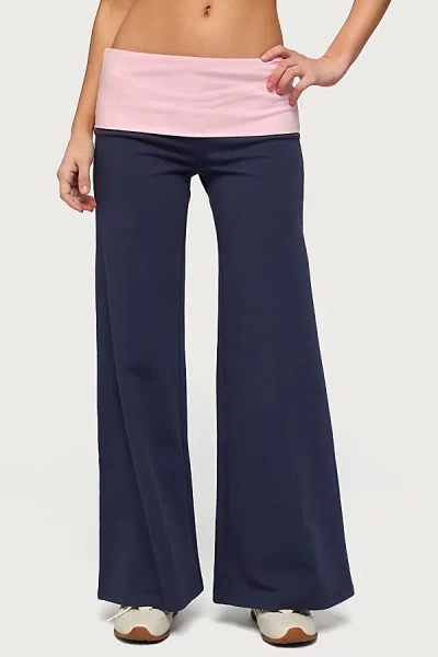 Edikted Petite Wide Leg Contrast Foldover Pants In Navy, Women's At Urban Outfitters In Blue
