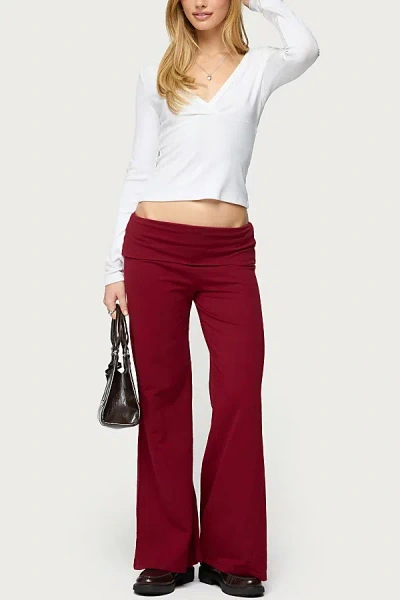 Edikted Petite Wide Leg Fold Over Pants In Burgundy, Women's At Urban Outfitters
