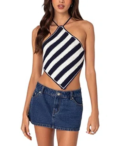 Edikted Petra Open Back Crochet Triangle Top In Navy-and-white
