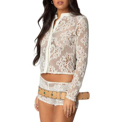 Edikted Peyson Sheer Lace Button-up Shirt In Cream
