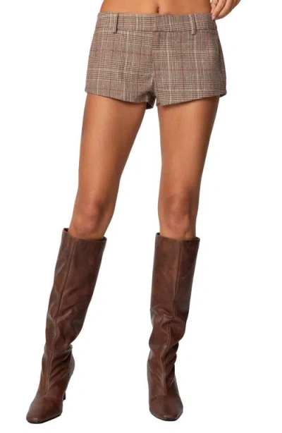 Edikted Phoeby Plaid Low Rise Shorts In Brown