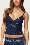 Edikted Pia Sequin Flower Open Back Camisole In Blue