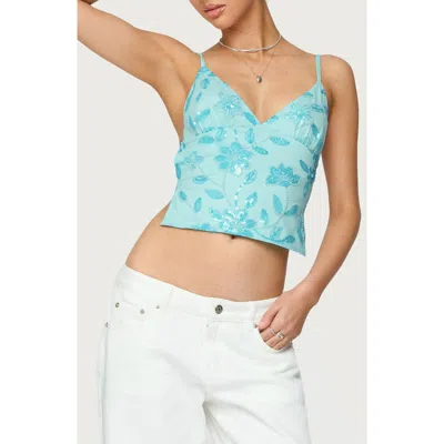Edikted Pia Sequin Flower Open Back Camisole In Blue