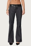 Edikted Pinstripe & Faux Leather Low Rise Flared Jeans In Dark/blue, Women's At Urban Outfitters In Black
