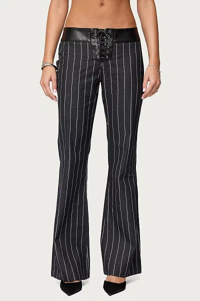 Edikted Pinstripe & Faux Leather Low Rise Flared Jeans In Dark/blue, Women's At Urban Outfitters In Black