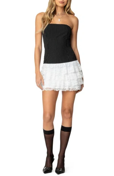 Edikted Strapless Pinstripe Ruffle Skirt Mini Dress In Black-and-white