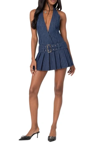 Edikted Belted Pinstripe Denim Mini Dress In Navy