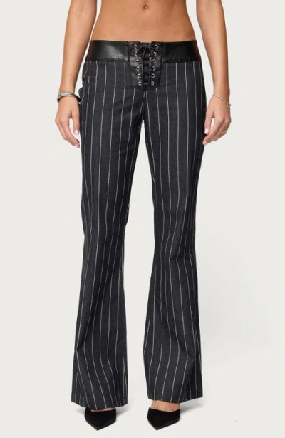Edikted Pinstripe Faux Leather Waist Lace-up Pants In Blue