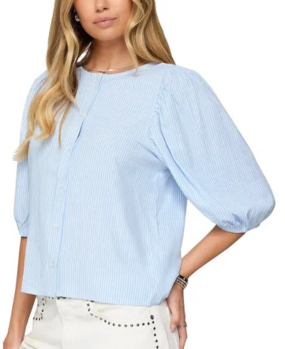 Edikted Pinstripe Linen Look Button Up Shirt In Blue
