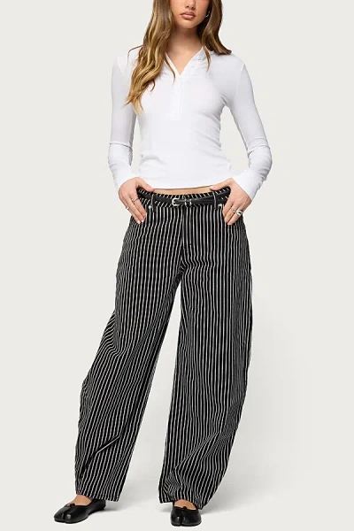 Edikted Pinstripe Low Rise Barrel Leg Jeans In Black/and/white, Women's At Urban Outfitters In Multi