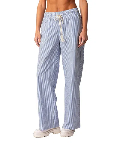 Edikted Stripe Wide Leg Drawstring Cotton Pants In Blue