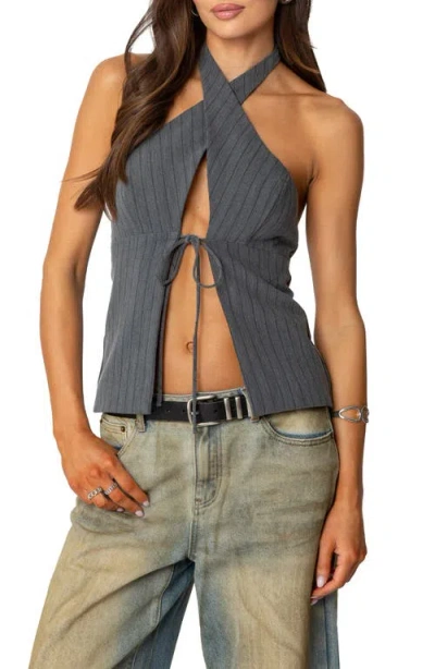 Edikted Pinstripe Split Front Halter Top In Gray