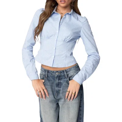 Edikted Pinstripe Tailored Cotton Poplin Button-up Shirt In Light-blue
