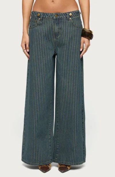 Edikted Pinstripe Wide Leg Low Rise Jeans In Green