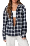 Edikted Plaid Cotton Blend Flannel Button-up Hoodie In Navy