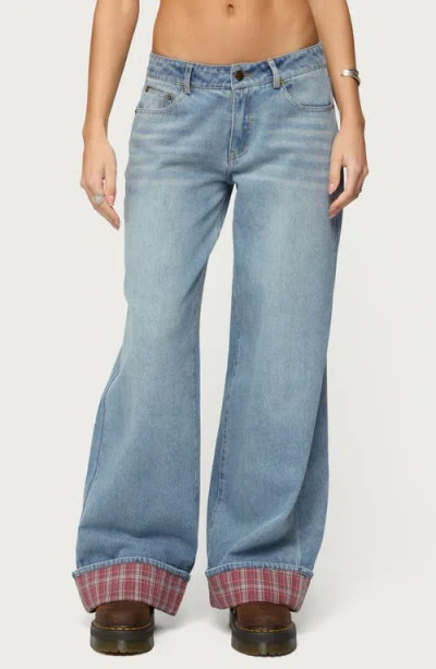 Edikted Plaid Cuff Baggy Jeans In Blue