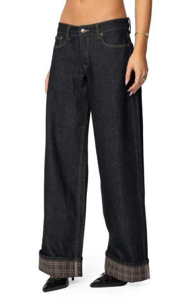 Edikted Plaid Cuff Wide Leg Jeans In Blue