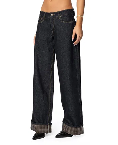 Edikted Plaid Cuffed Low Rise Jeans In Blue