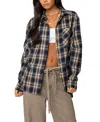 Edikted Plaid Flannel Button-up Shirt In Navy