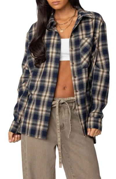 Edikted Plaid Flannel Button-up Shirt In Navy