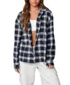 Edikted Plaid Cotton Blend Flannel Button-up Hoodie In Navy