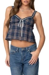 Edikted Plaid Lace Trim Crop Camisole In Navy