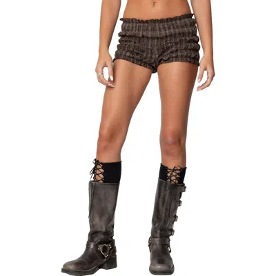 Edikted Plaid Ruched Shorts In Brown