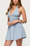 Edikted Plaid Smocked Halter Mini Dress In Blue