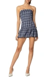Edikted Plaid Strapless Bubble Hem Minidress In Navy