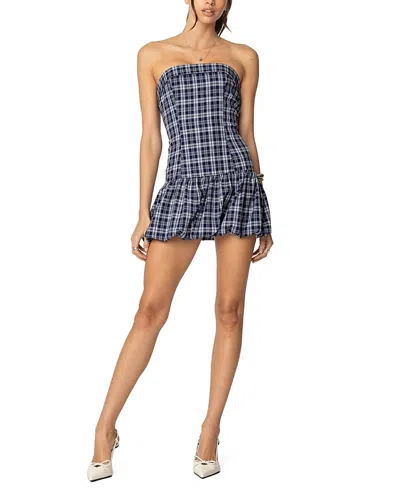 EDIKTED PLAID STRAPLESS BUBBLE MINI DRESS